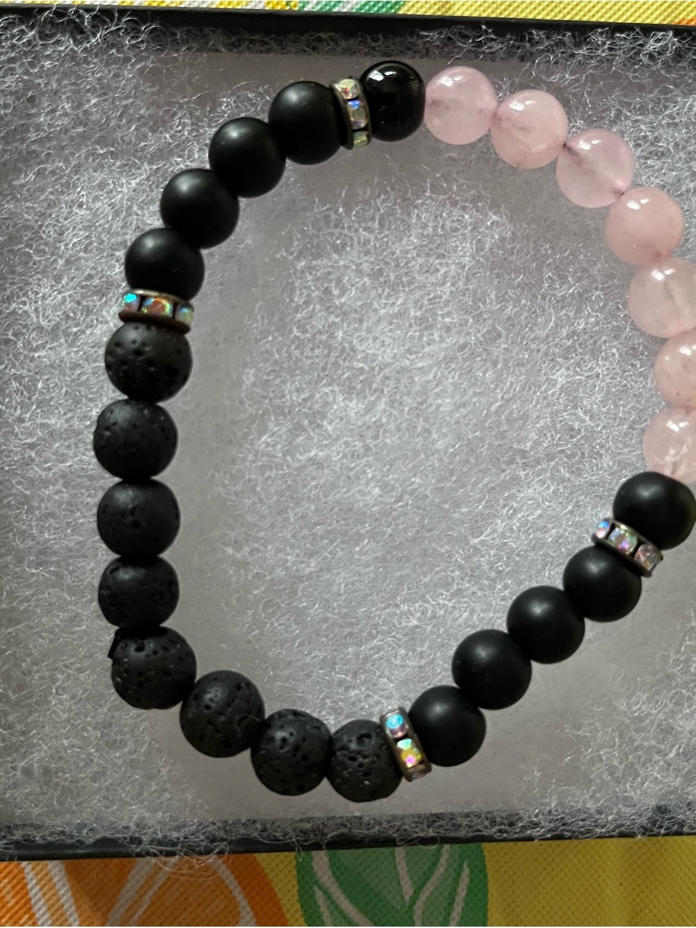 Rose Quartz & Black Lava Bead Stretch Bracelet with Crystal Accent